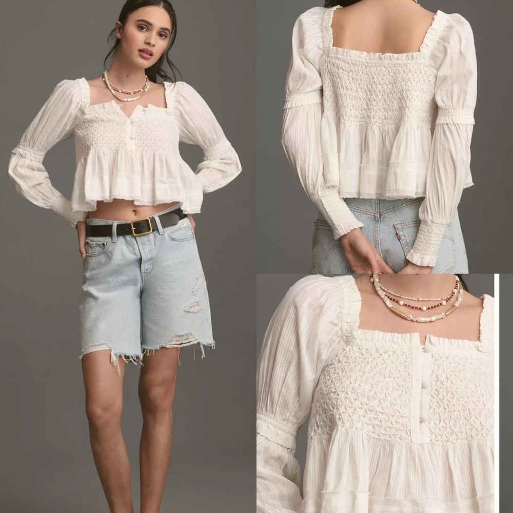 By Anthropologie Puff-Sleeve Babydoll Top Size Small